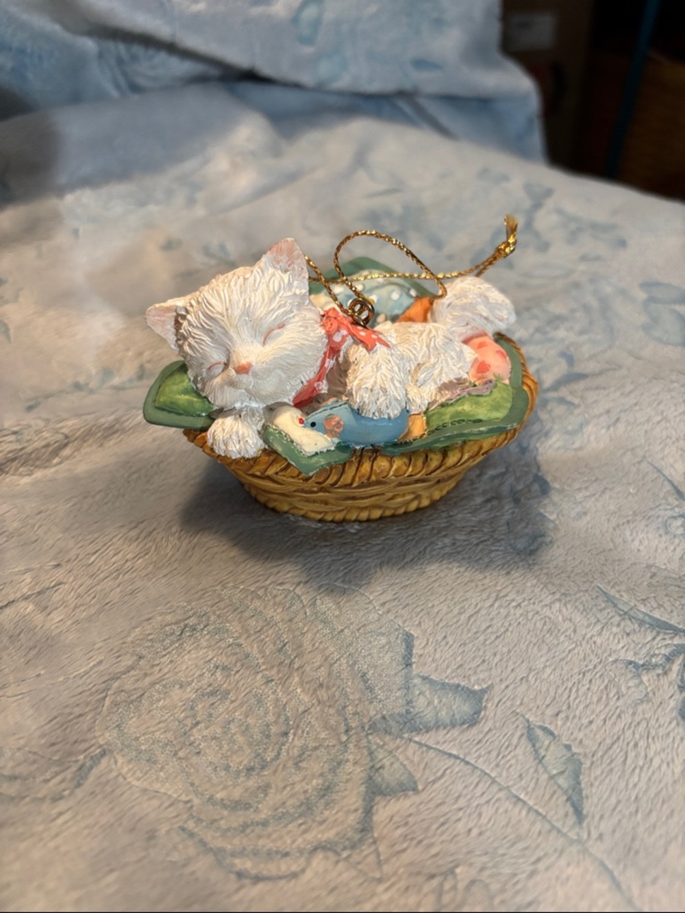 Decorative Sleeping Kitten Ornament in White and Green
